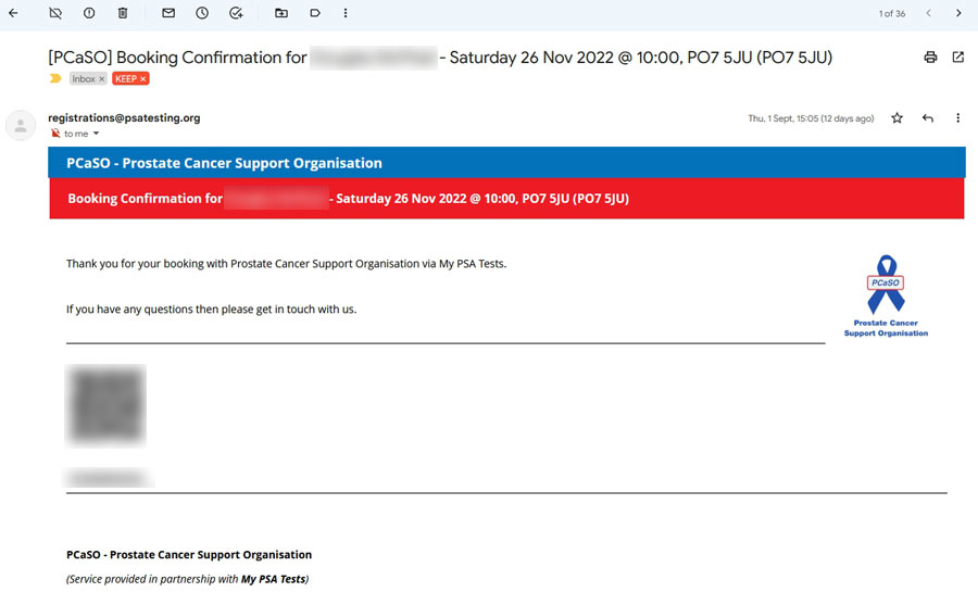 PSA Blood Testing at Deverell Hall Saturday 26th November 2022 - Booking Details Email Screen