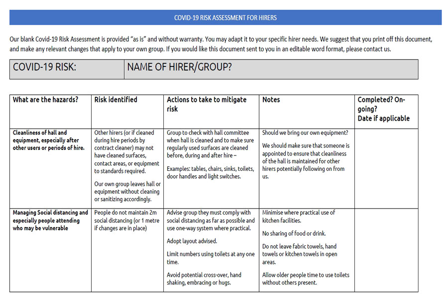 Hirer Risk Assessment - Prevent the spread of Covid-19 at Deverell Hall